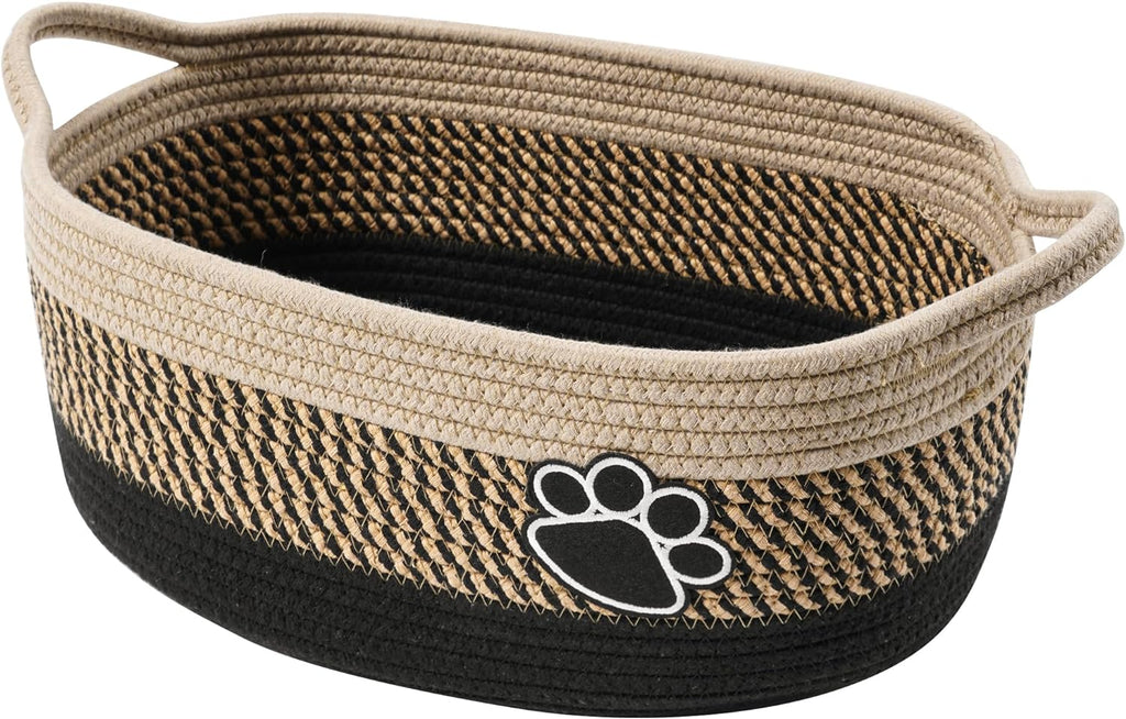 Woven rope pet toy storage basket with a paw print motif