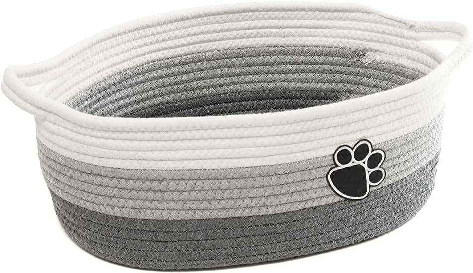 Woven pet toy basket holding dog toys