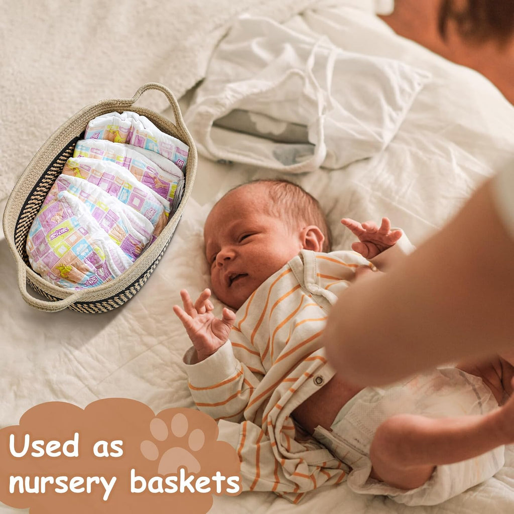 Woven rope basket shown in use as a soft storage basket