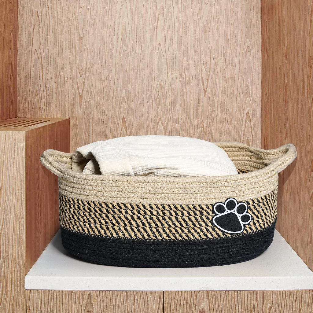Pet toy storage basket photographed on a wooden floor
