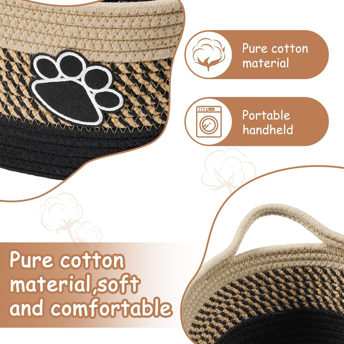Pet toy storage basket showing its cotton rope construction and carry handle