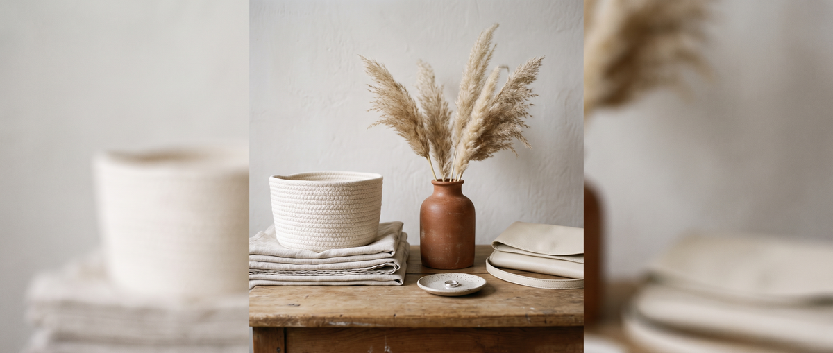 Curated styling table with a woven basket, folded linen, terracotta vase and accessories — About Kasho Pro