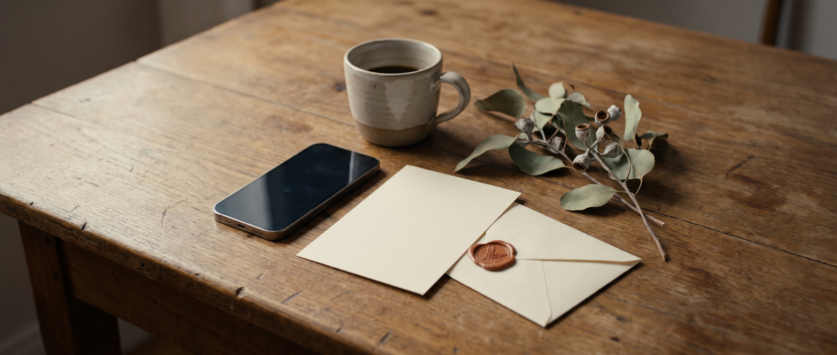 Oak desk with a phone, blank note card and sealed envelope, coffee cup and eucalyptus