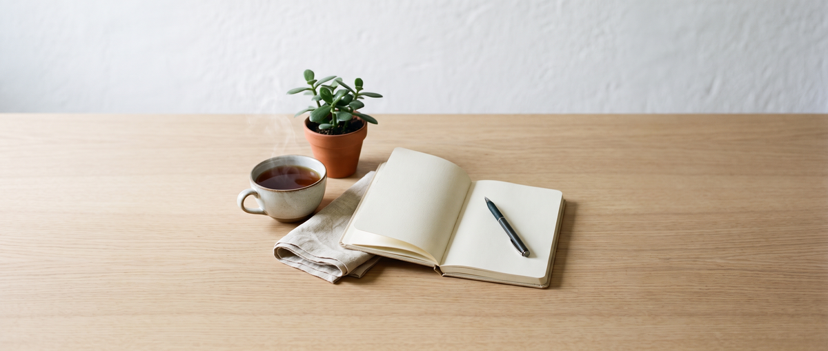 Calm oak desk with an open notebook, cup of tea and small plant