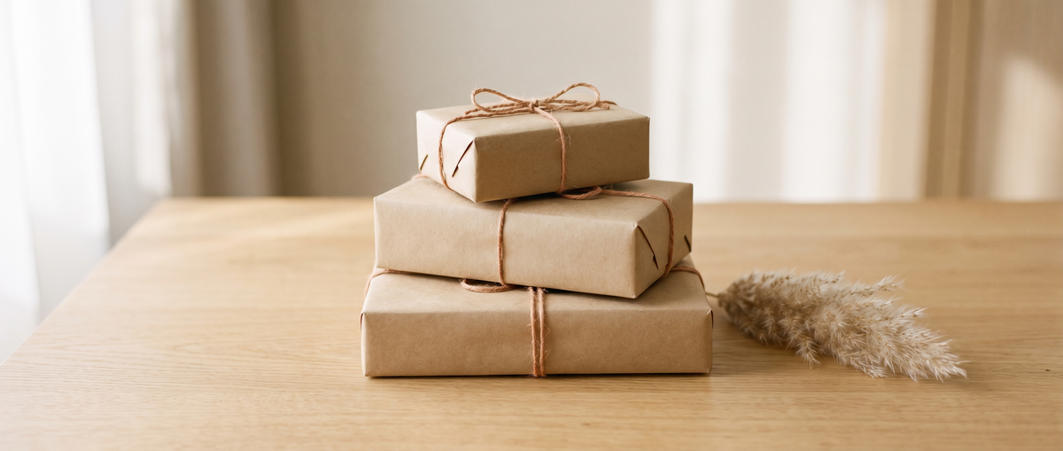 Kraft paper parcels tied with twine stacked on a light oak table