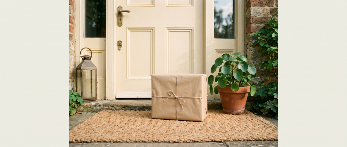 Kraft parcel on a woven doormat in front of a cream front door